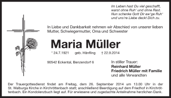 Traueranzeige von Maria Müller von Pegnitz-Zeitung
